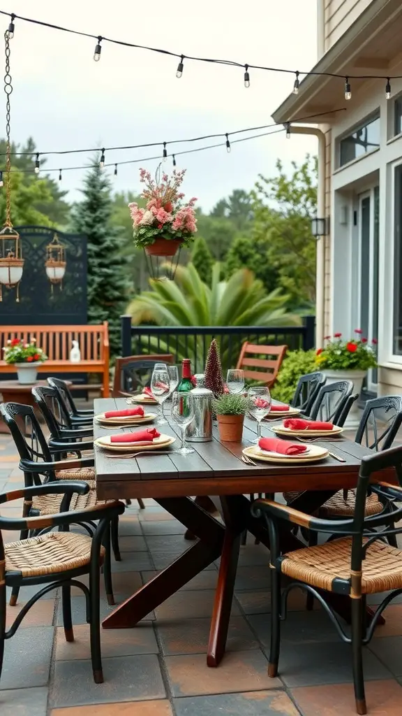 A beautifully decorated outdoor dining area with a wooden table, stylish chairs, and string lights.