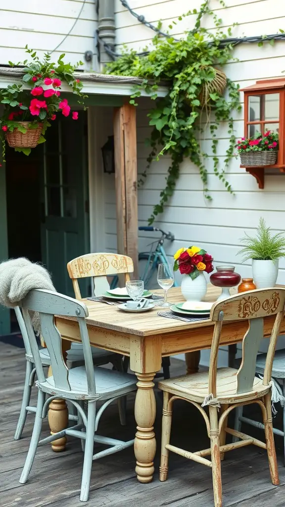 23 Affordable Backyard Patio Ideas to Transform Your Outdoor Space 11 A cozy outdoor dining setup with a wooden table and thrifted chairs, adorned with colorful flowers.