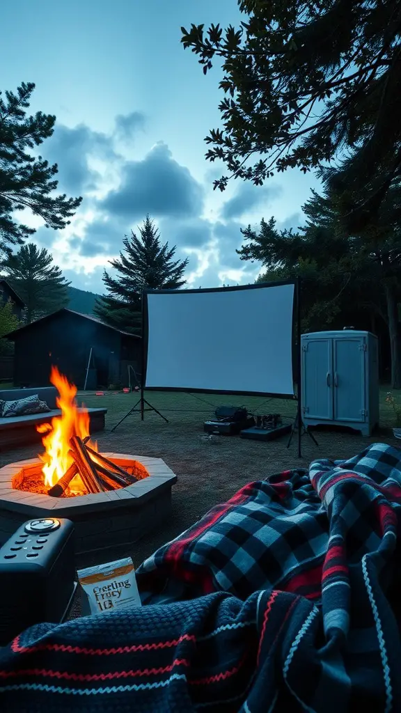 17 Stunning Outdoor Fire Pit Area Ideas for Cozy Gatherings 9 A cozy outdoor fire pit with a projector screen, a soft blanket, and a warm fire.