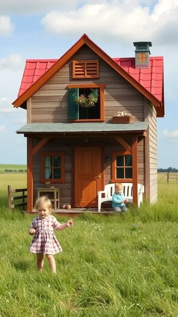 25 Adorable DIY Kids Playhouse Ideas for Endless Fun 11 A small outdoor farmhouse playhouse with kids playing around it in a grassy field.