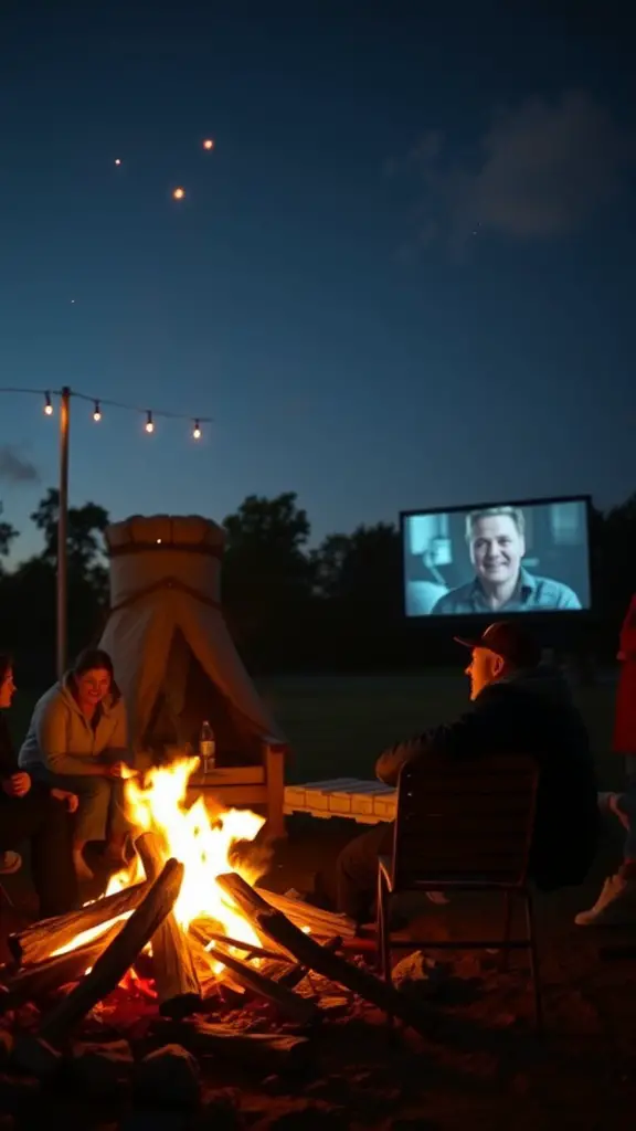 15 Creative Outdoor Movie Night Ideas for Unforgettable Evenings 6 A cozy outdoor setting with a fire pit and a movie screen showing a film, surrounded by people enjoying the atmosphere.
