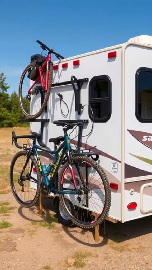 19 Clever Camper Storage Ideas for Your Next Adventure 6 A camper with two bicycles mounted on an outdoor gear rack.