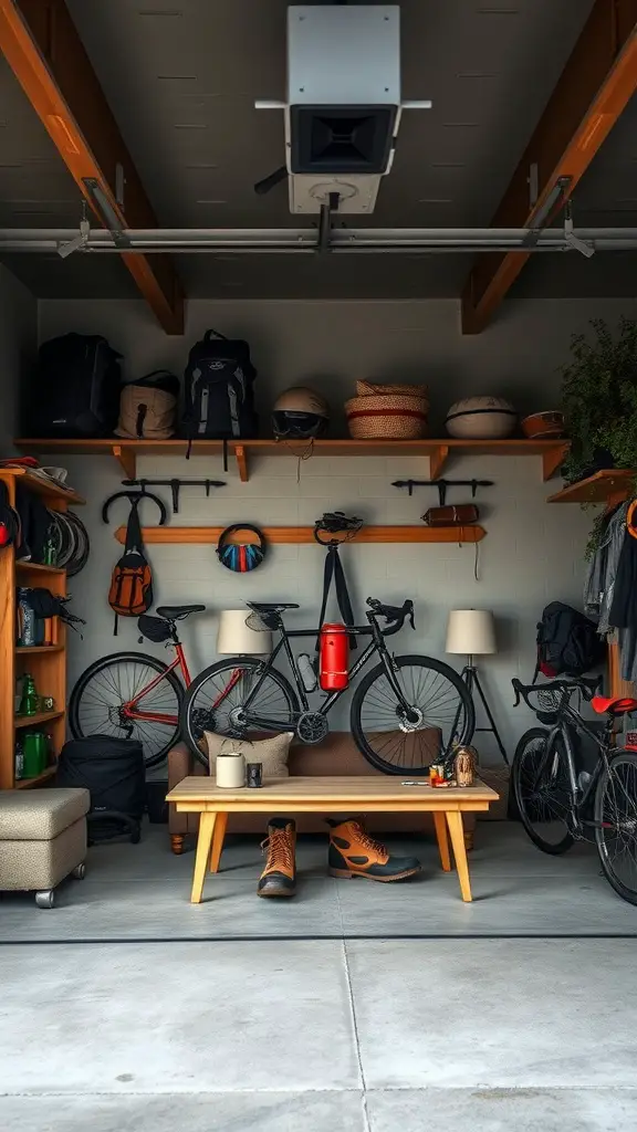 27 Creative Garage Hangout Ideas for Ultimate Chill Time 9 A cozy garage space featuring bikes, outdoor gear storage, and a comfortable lounge area.