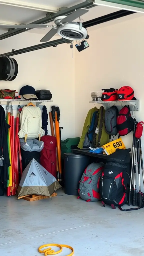 21 Creative Garage Storage Ideas You Need to Try 15 Organized garage space with outdoor gear like backpacks, poles, and camping equipment stored neatly on shelves and hooks.