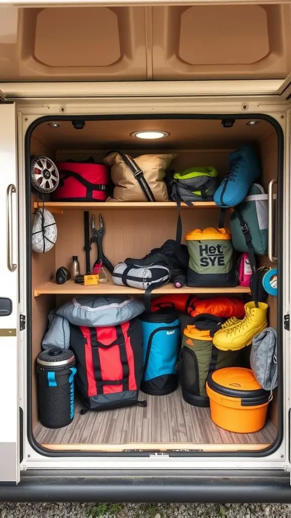 Organized outdoor gear storage in an RV with colorful bags and containers