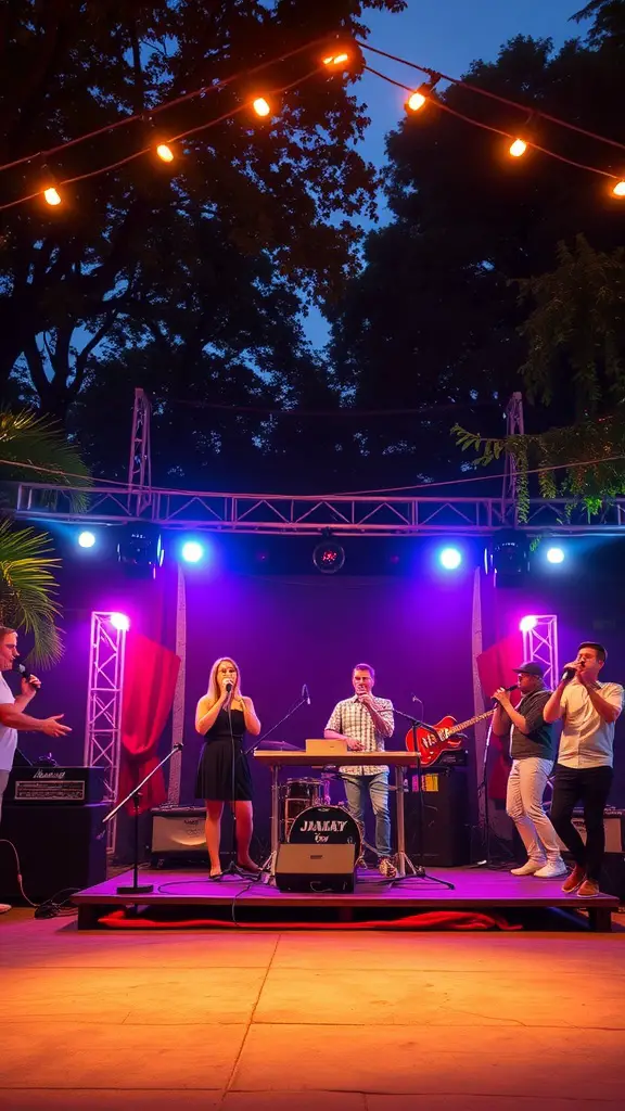 Outdoor karaoke party with colorful lights and performers on stage.