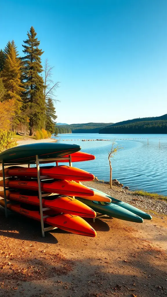 25 Creative Kayak Storage Ideas for Small Spaces 11 A rack displaying colorful kayaks by the shore of a tranquil lake