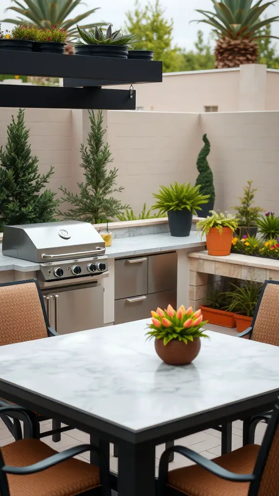 19 Modern Backyard Landscaping Ideas to Transform Your Outdoor Space 6 A modern outdoor kitchen with a grill, dining table, and potted plants.