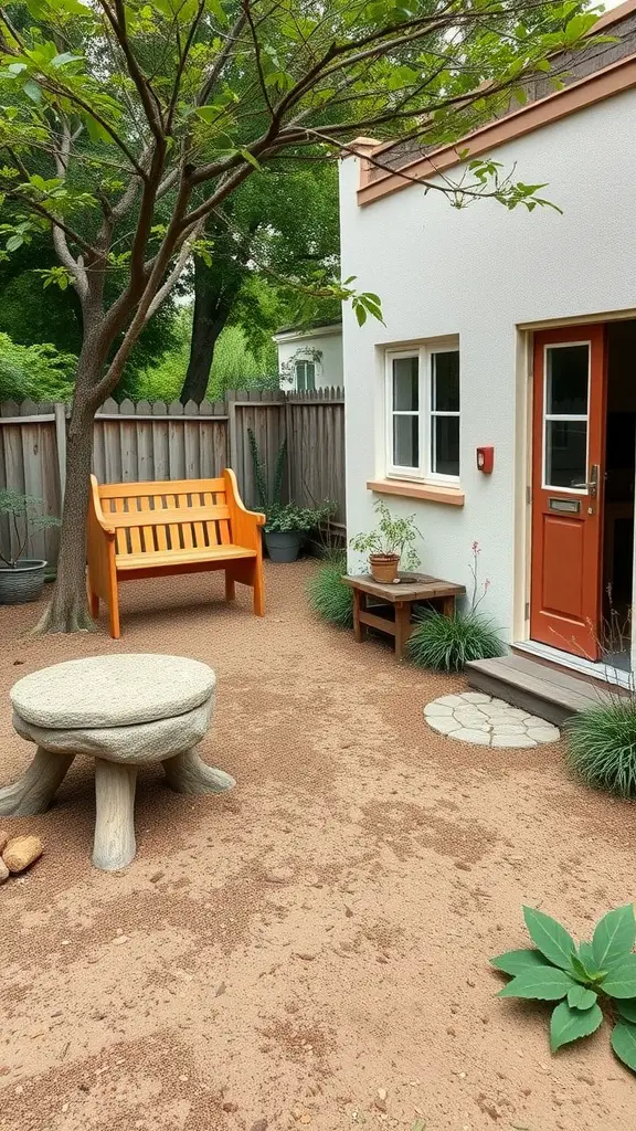 21 Inspiring Montessori Room Ideas for Creative Spaces 12 A cozy outdoor learning space featuring a wooden bench, a stone table, and lush greenery.