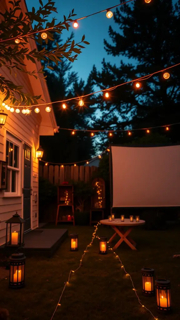 19 Creative Ideas for Epic Backyard Movie Nights 12 A backyard setup for a movie night featuring string lights, lanterns, and a projector screen.
