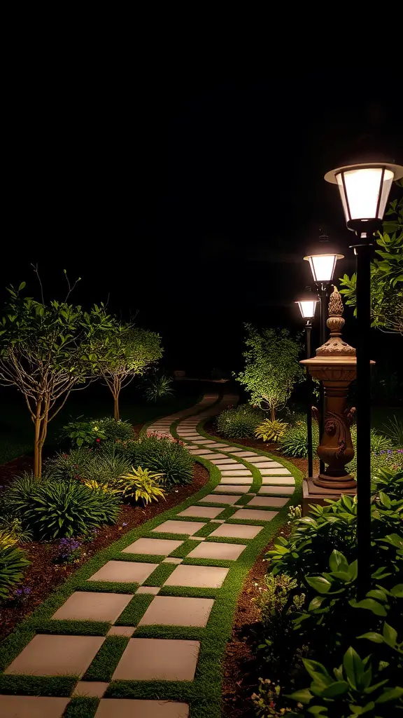 19 Stunning Landscaping Ideas for Your Home's Exterior 2 A beautifully lit garden path with stone slabs and glowing lanterns surrounded by lush greenery.
