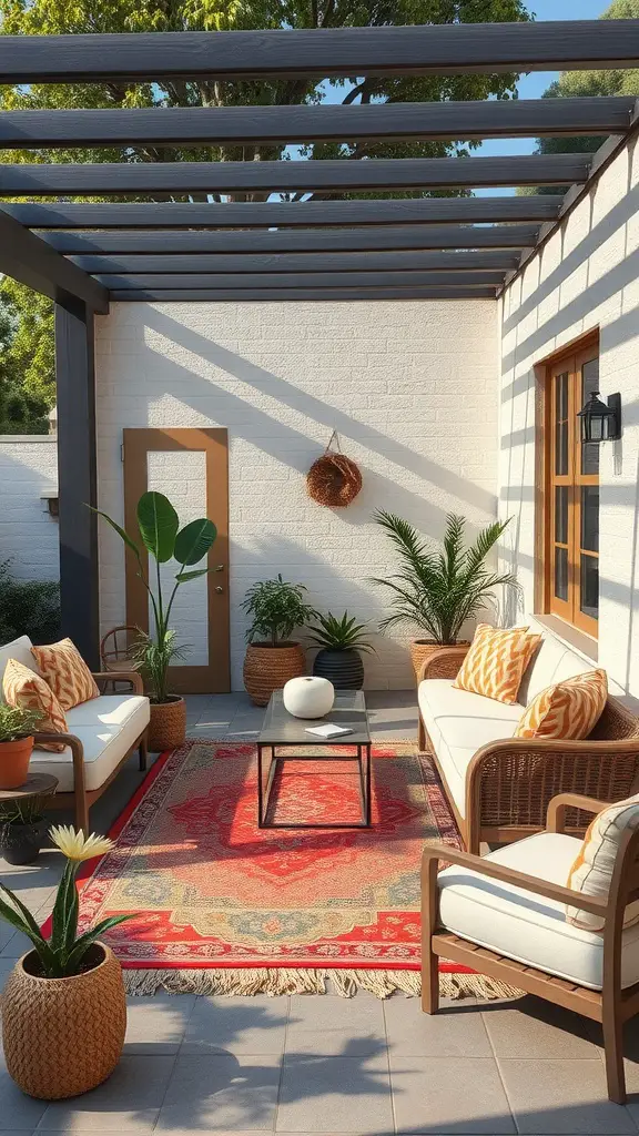23 Inspiring Modern Garden Ideas to Transform Your Outdoor Space 6 A cozy outdoor living room with two sofas, a coffee table, and plants, surrounded by a shaded pergola.