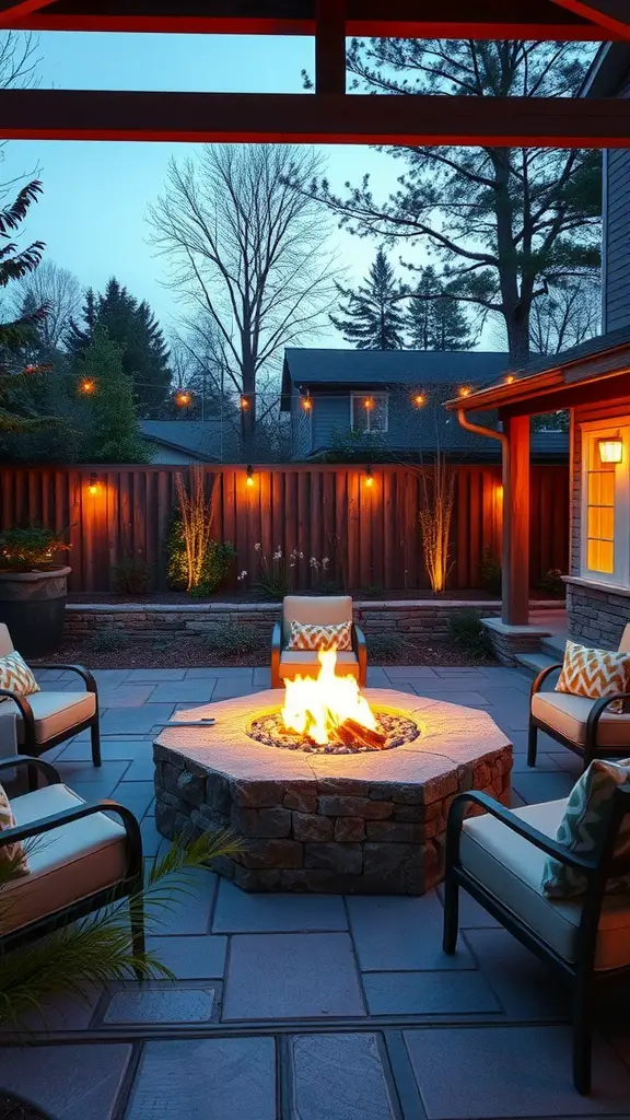 19 Modern Backyard Landscaping Ideas to Transform Your Outdoor Space 8 Cozy outdoor living space featuring a fire pit surrounded by comfortable seating and string lights