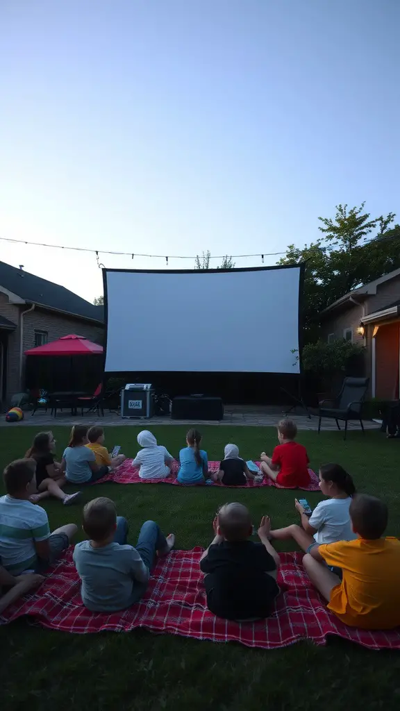 19 Fun Outdoor Birthday Party Ideas for Kids 6 Children watching an outdoor movie on a large screen in a backyard.