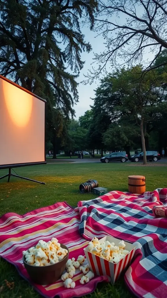 13 Fun Park Birthday Party Ideas for an Unforgettable Celebration 6 An outdoor movie setup with a projector screen, popcorn, and a cozy blanket on grass.