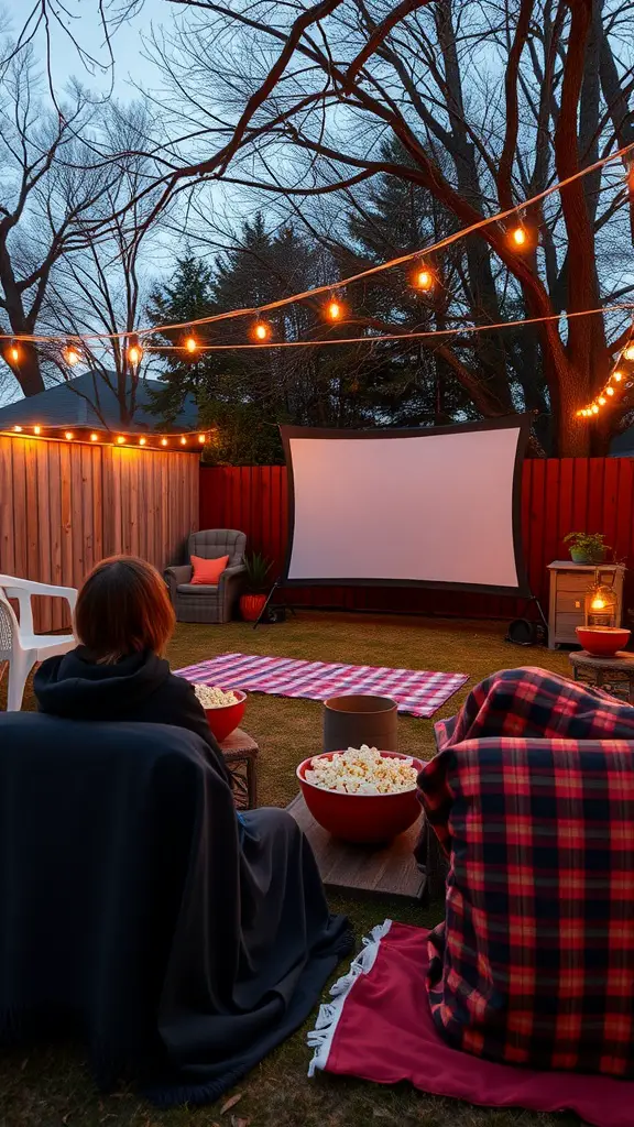 Outdoor movie night setup with cozy seating, popcorn, and a screen under string lights.