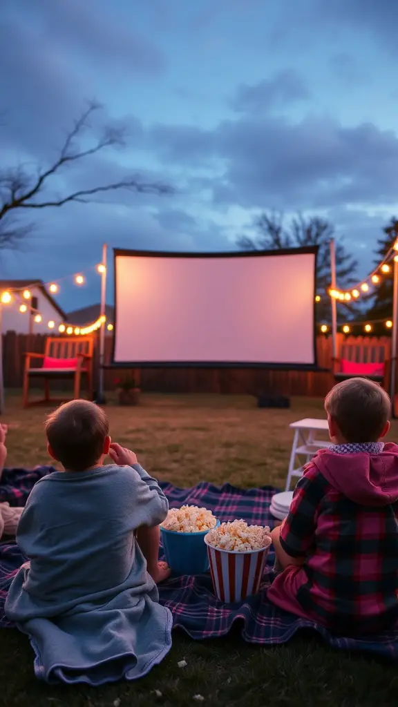 13 Creative Yard Ideas for Kids to Explore and Enjoy 5 Children sitting on a blanket, watching a movie outdoors with popcorn.
