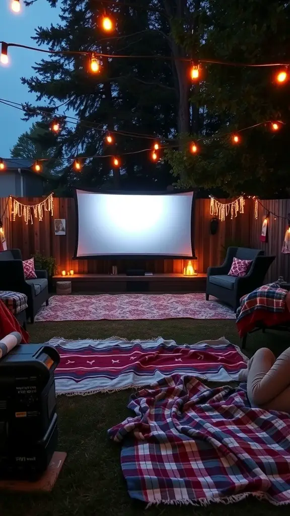 Cozy outdoor movie setup with a screen, blankets, and string lights