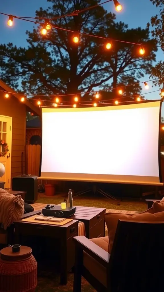 21 Awesome Backyard BBQ Party Ideas You Need to Try 2 Outdoor movie setup with a large screen, projector, and string lights in a cozy backyard.