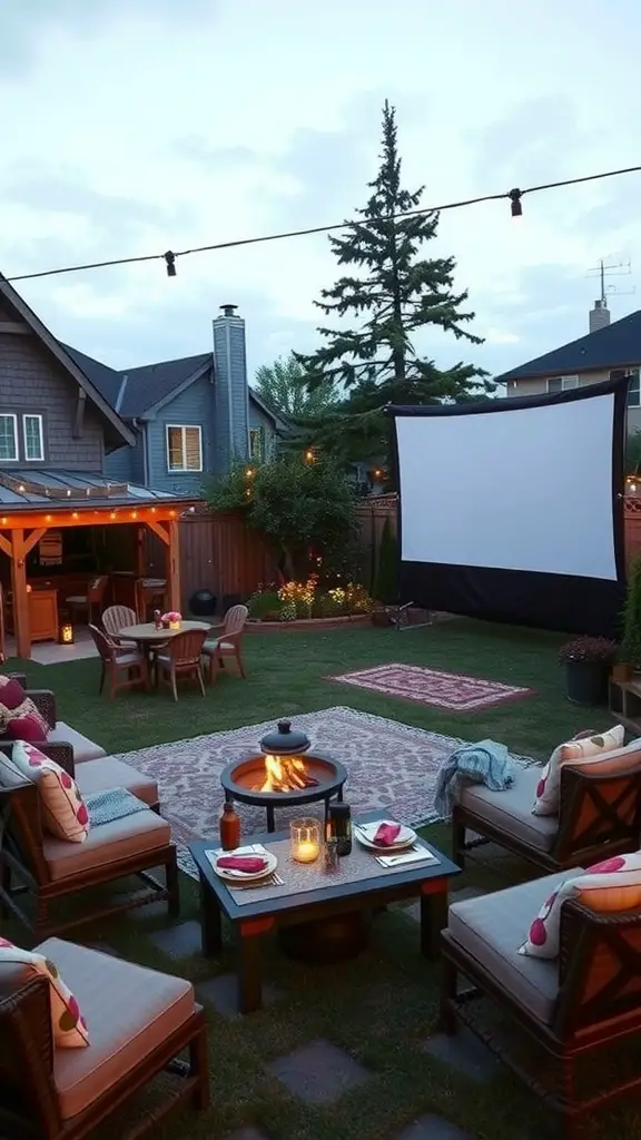 19 Stunning Large Backyard Layout Ideas to Transform Your Outdoor Space 17 Backyard setup featuring a large movie screen, comfortable seating, and a fire pit.