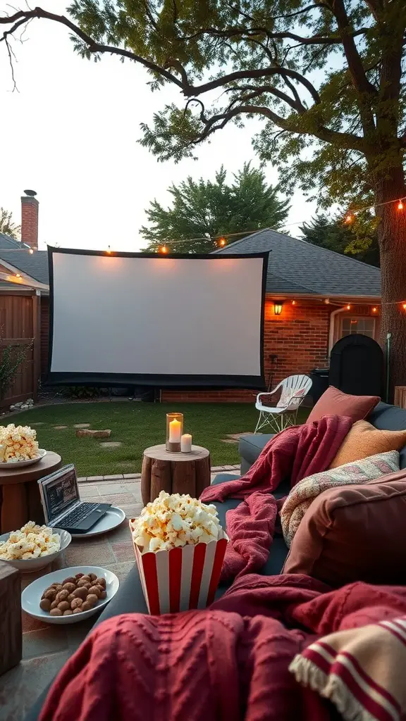 21 Stunning Ideas to Create Your Backyard Oasis 7 Backyard setup for an outdoor movie theater with a screen, snacks, and cozy seating.