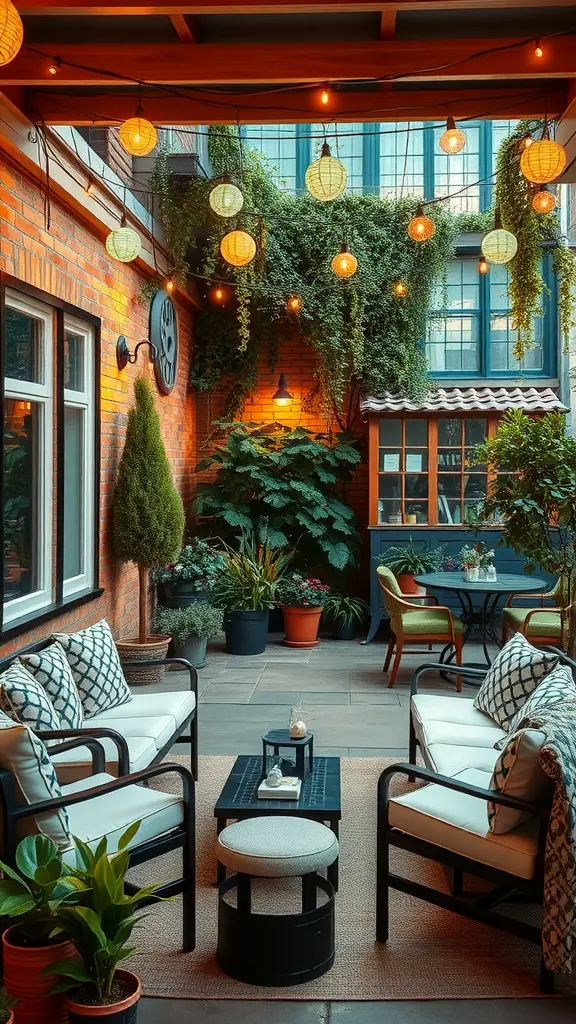 27 Creative Hangout Room Ideas for Your Space 10 Cozy outdoor patio lounge with comfortable seating, plants, and warm lighting.