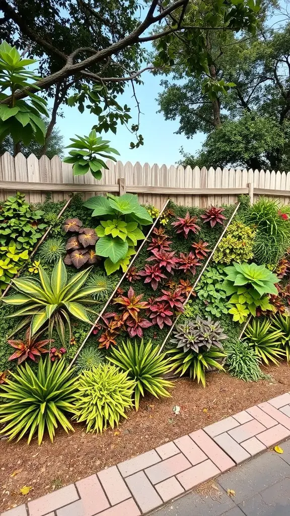 A vibrant vertical garden showcasing various plants arranged artistically on a wall.