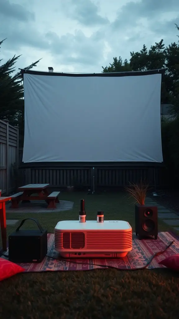 19 Creative Ideas for Epic Backyard Movie Nights 10 An outdoor movie setup with a projector, large screen, and cozy seating.
