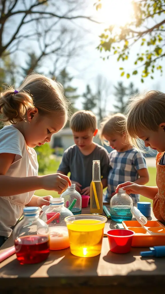 19 Fun Outdoor Birthday Party Ideas for Kids 14 Kids engaging in outdoor science experiments with colorful liquids and tools.