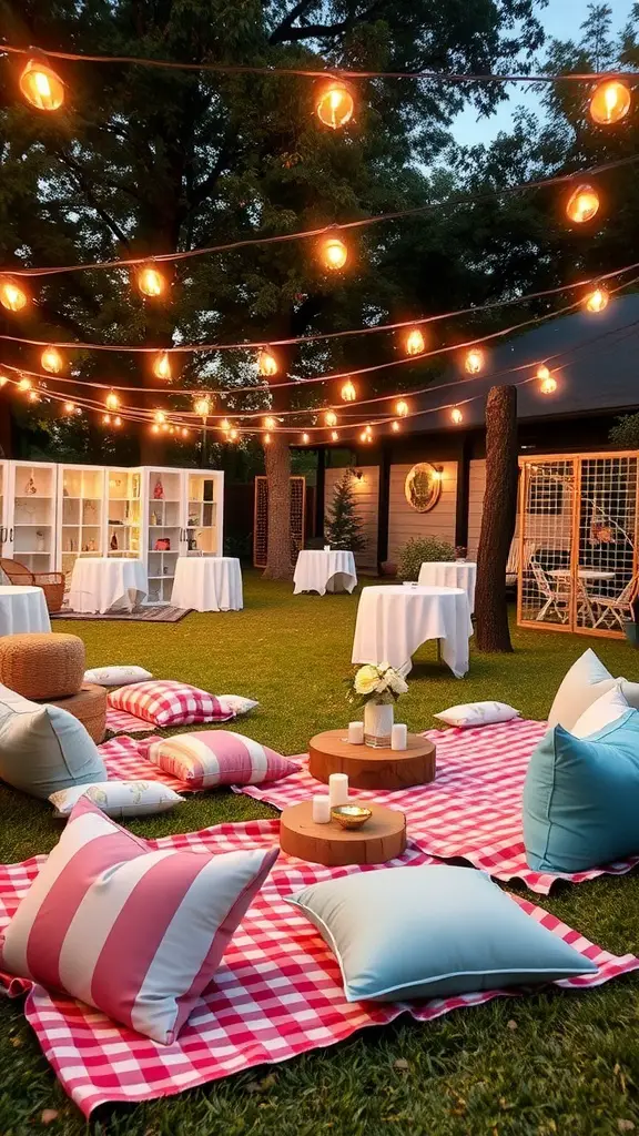 25 Creative Baby Q Shower Ideas to Celebrate Your Little One 12 A cozy outdoor seating arrangement with pillows, a checkered blanket, and string lights.