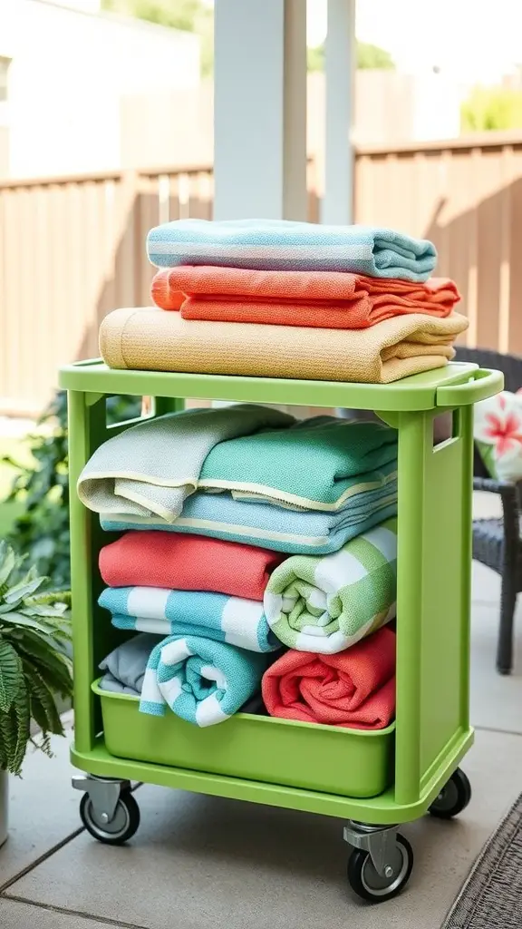27 Creative Pool Towel Storage Solutions You Need to Try 4 A vibrant green outdoor storage cart filled with neatly stacked pool towels in various colors.