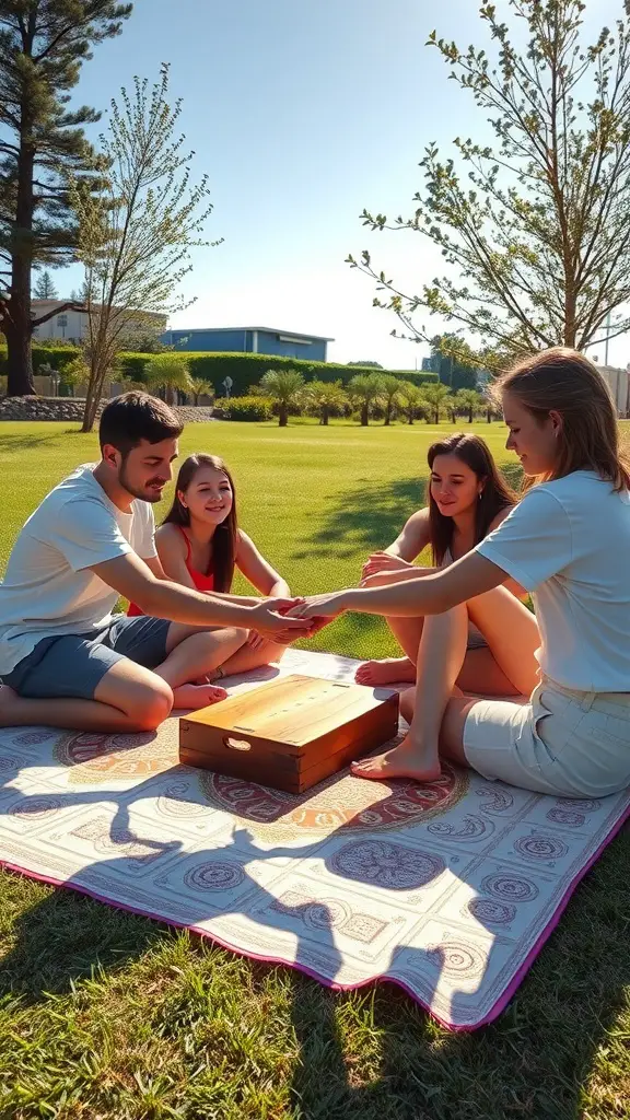 17 Fun Yard Games for Adults to Enjoy This Summer 16 Group of friends playing Outdoor Twister on a blanket in a sunny park