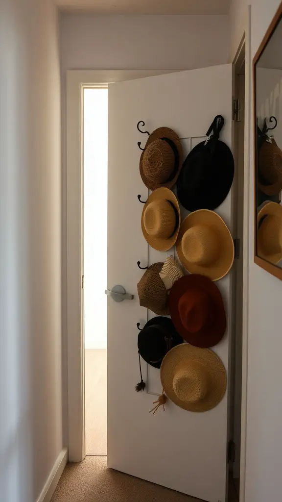 19 Creative Hat Storage Ideas for Every Space 11 A door with various hats organized on an over-the-door rack.