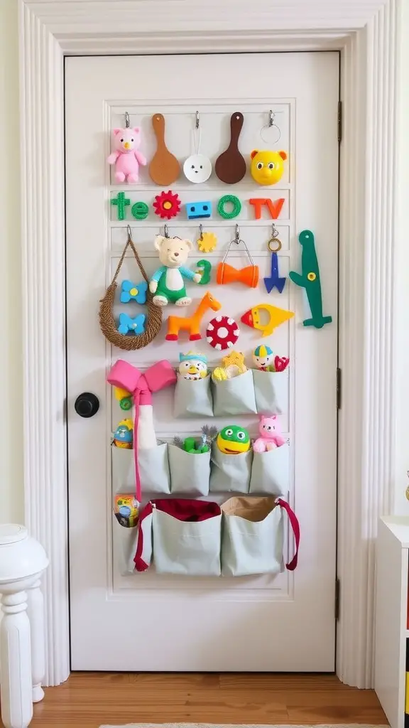 Colorful over-the-door organizer on a white door, filled with toys and storage pockets.