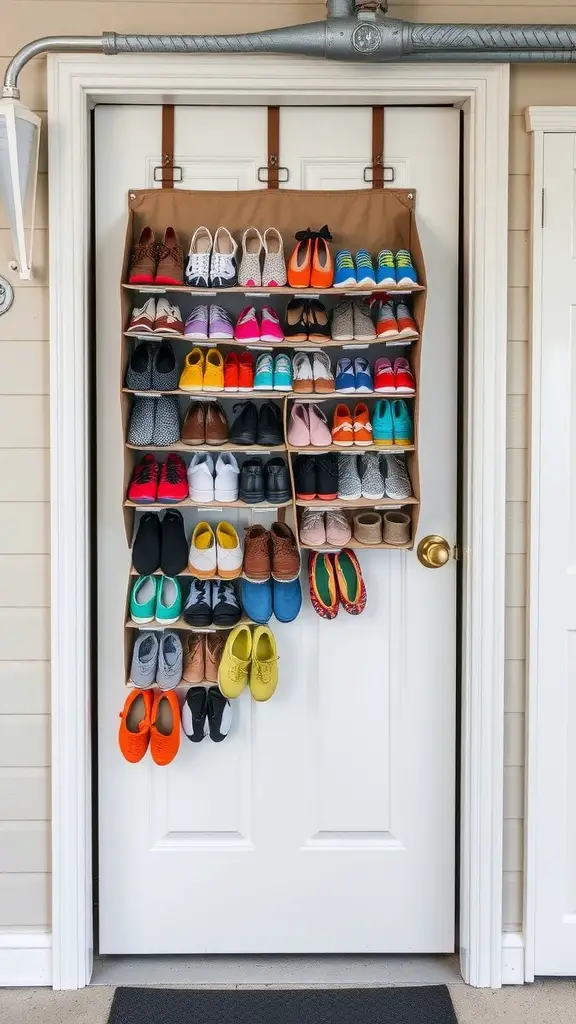 A door-mounted shoe organizer filled with various colorful shoes.