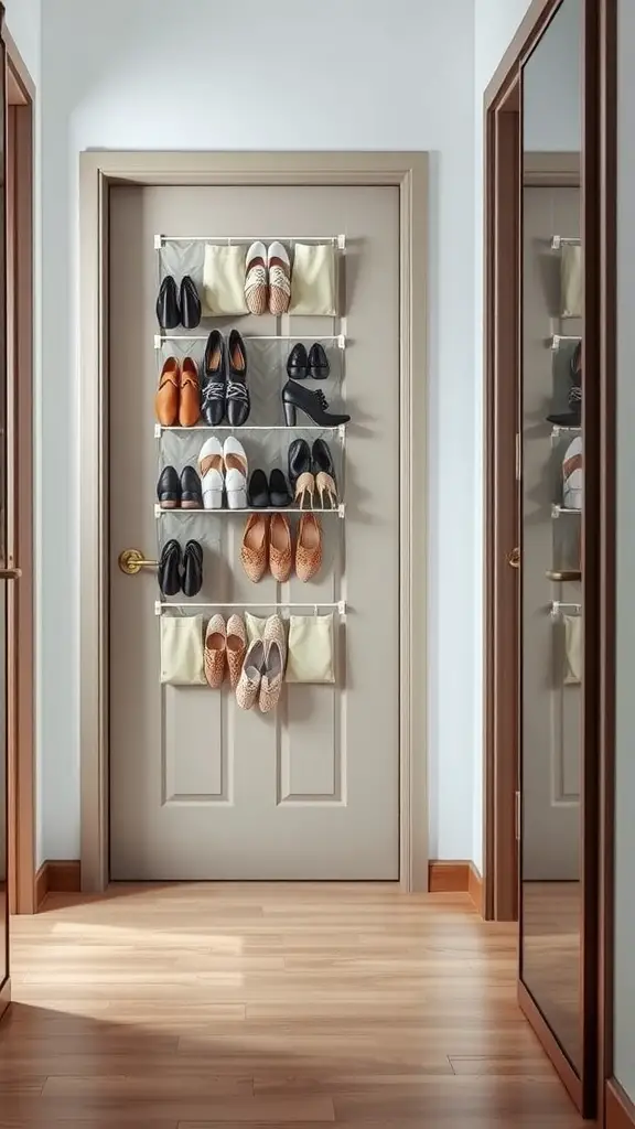 21 Creative Shoe Storage Ideas for Every Space 5 An over-the-door shoe organizer with various shoes displayed neatly on a door.