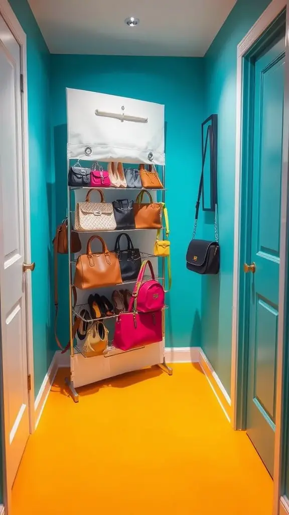 Over-the-door shoe rack with various purses displayed in a colorful hallway