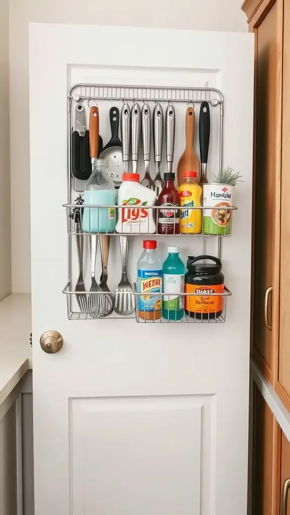 17 Genius Storage Solutions for Small Kitchens 5 Over-the-door storage rack with kitchen utensils and condiments organized on a cabinet door.