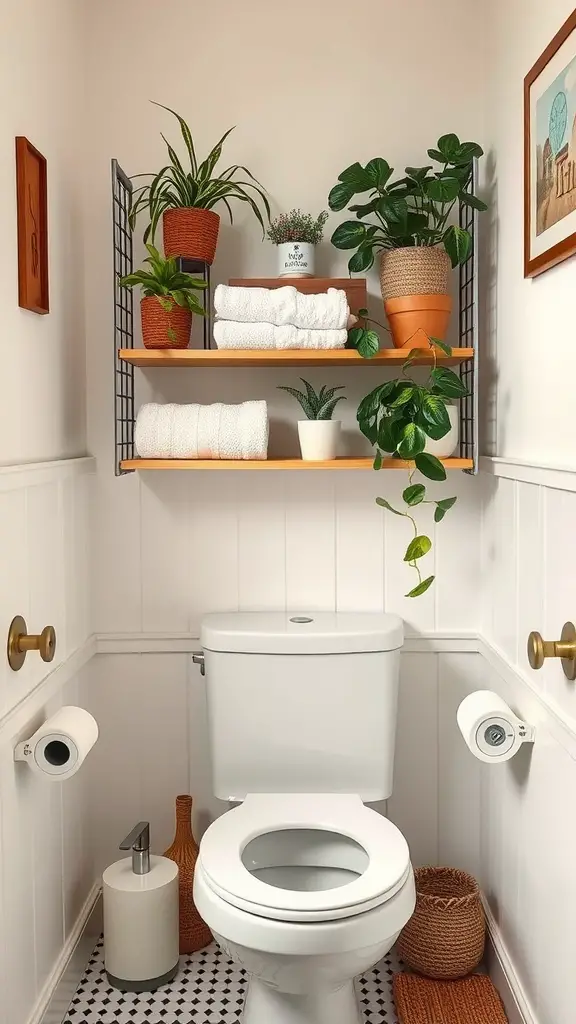 Over-the-toilet storage solution featuring wooden shelves with towels and potted plants