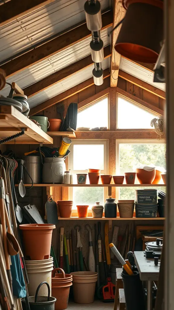 A garden shed interior with overhead shelves filled with pots and tools, showcasing a well-organized space.