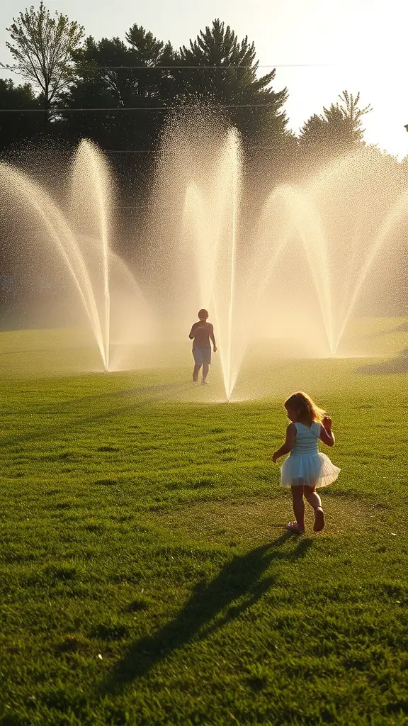 15 Creative Garden Irrigation Ideas for a Thriving Garden 14 Children playing in a garden with overhead sprinklers spraying water