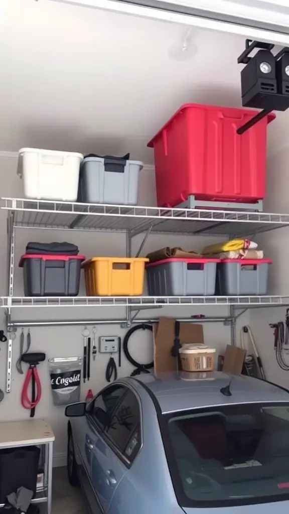 Wire shelves with colorful storage bins in a garage.