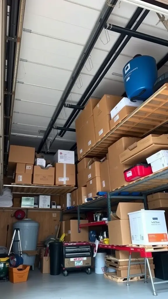 21 Creative Garage Storage Ideas You Need to Try 4 A garage with overhead storage racks filled with boxes and containers, showcasing effective bulk item storage.