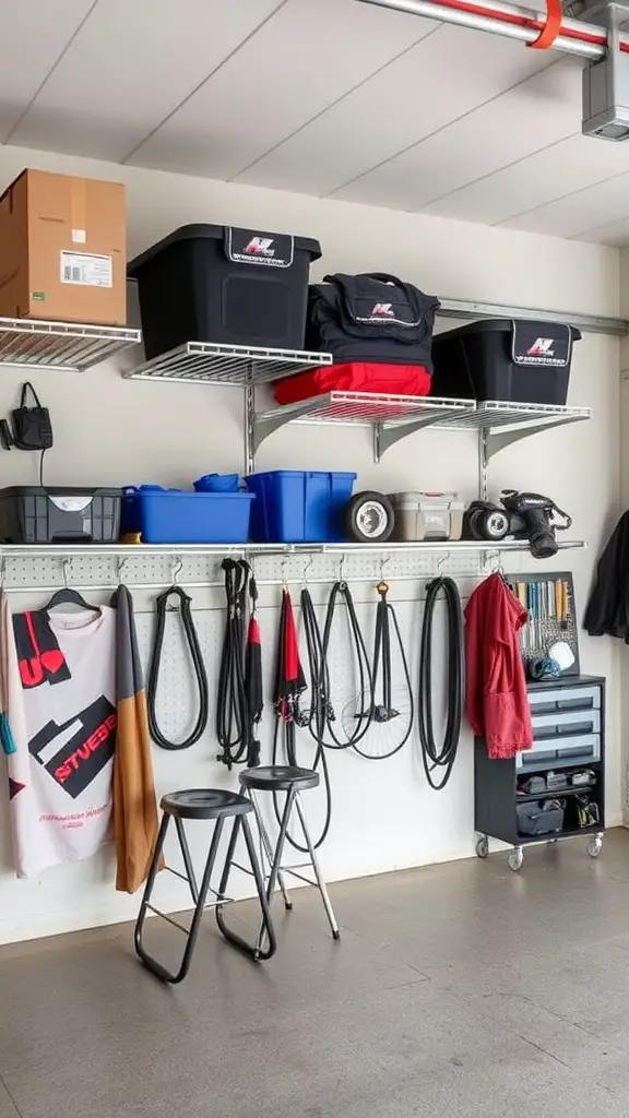 A well-organized garage with overhead storage, including bins and tools on display.