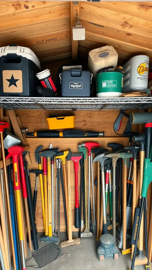 23 Genius Shed Organization Tips for Small Spaces 4 Organized overhead storage in a shed with tools and containers on a shelf.