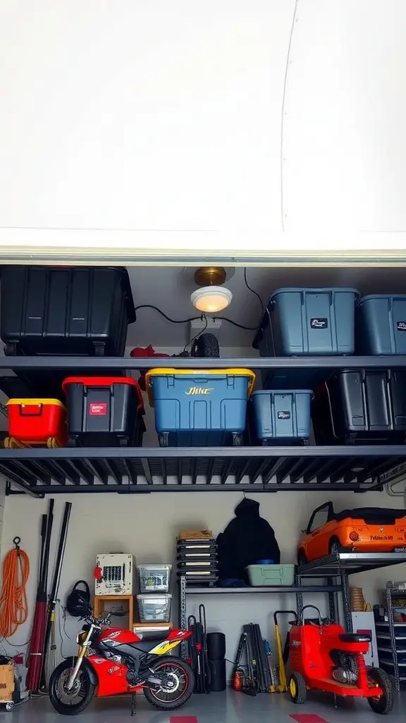 19 Essential Items for Perfect Garage Tool Organization 4 Organized garage with overhead storage bins and motorcycle