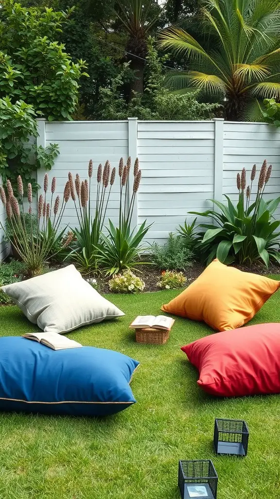 13 Cozy Garden Reading Nook Ideas for Book Lovers 7 A garden reading nook featuring oversized colorful floor cushions arranged on lush green grass, with a small table and flowering plants in the background.