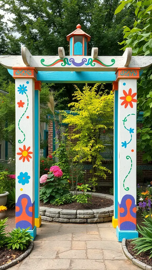 19 Creative Garden Arbor Ideas You’ll Love 14 A colorful garden arbor with vibrant patterns and flowers in a lush green garden.