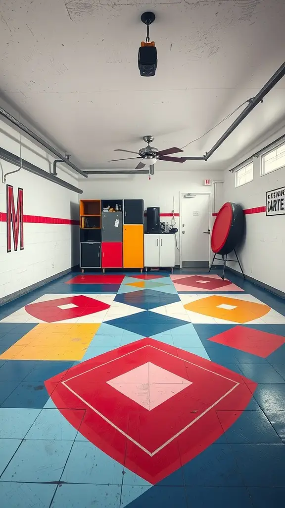 15 Creative Garage Floor Ideas to Transform Your Space 6 A vibrant garage floor with geometric patterns in various colors.