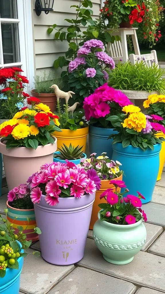 23 Affordable Backyard Patio Ideas to Transform Your Outdoor Space 16 Colorful painted flower pots filled with vibrant flowers on a patio.